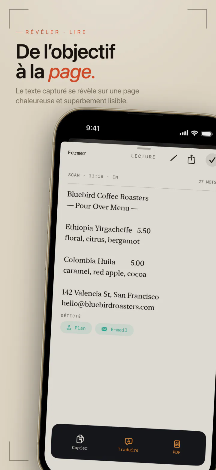 Le texte d’un menu capturé sur la feuille de lecture de LiveScan, avec les boutons Copier, Traduire et PDF