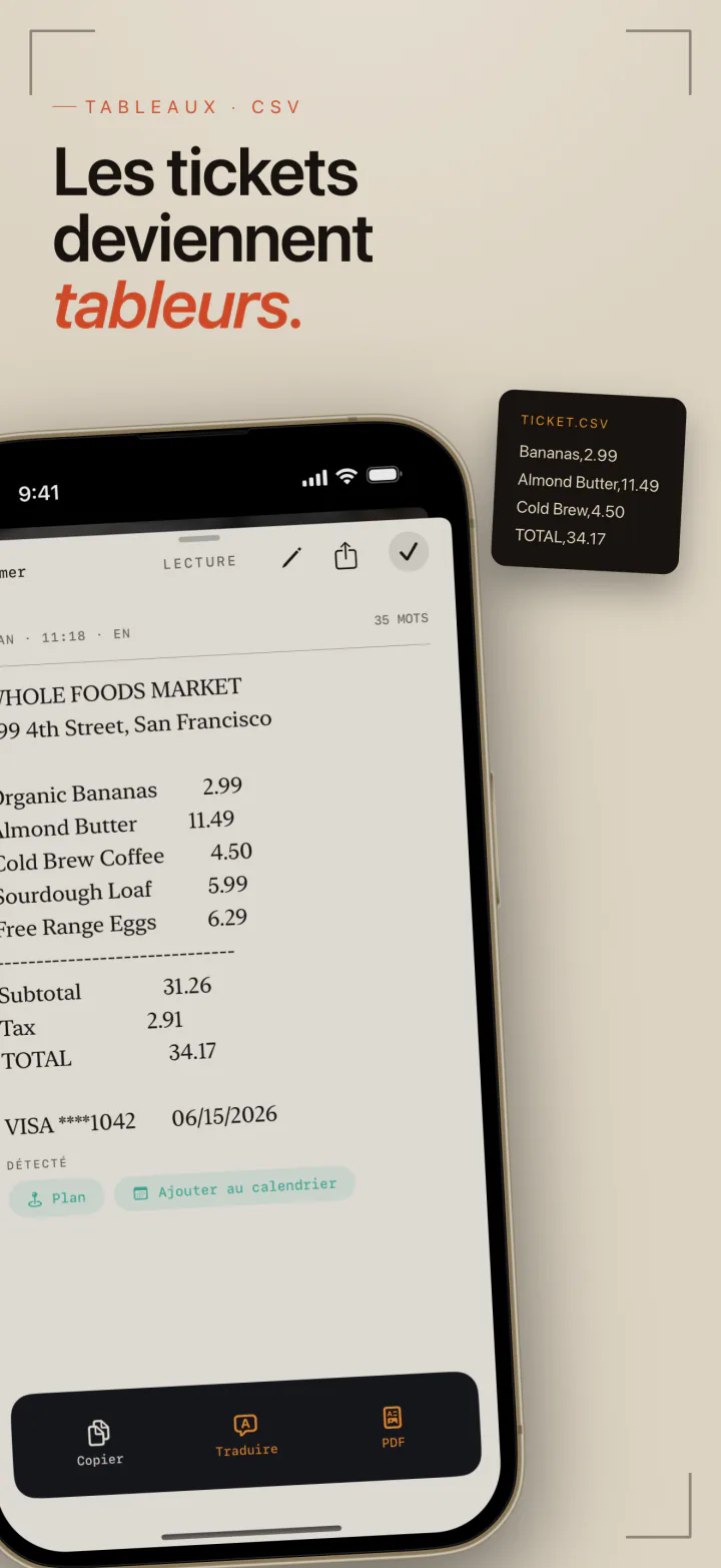 Un ticket de supermarché capturé par LiveScan et reconstruit en lignes et en colonnes pour un export CSV