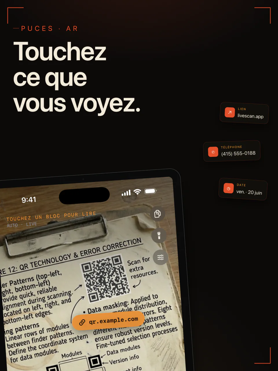 LiveScan sur iPad lit un QR code et une page imprimée, avec des boutons pour un lien, un numéro de téléphone et une date