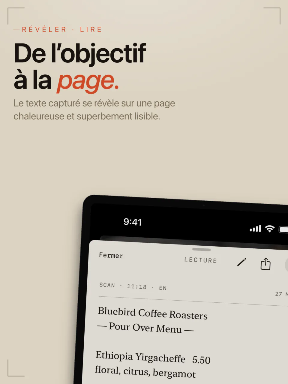 Le texte d’un menu capturé sur iPad, affiché sur la feuille de lecture de LiveScan