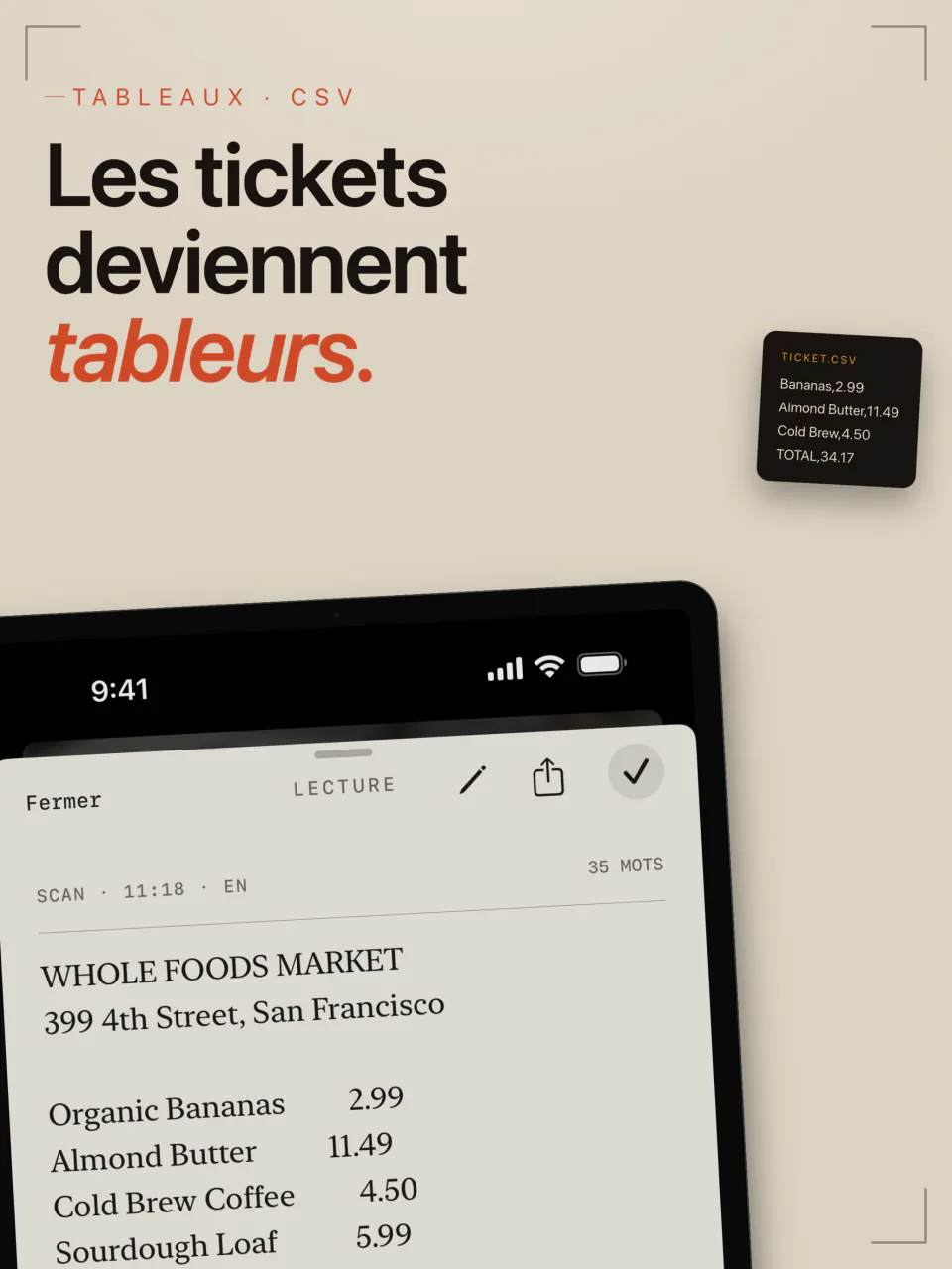 Un ticket de supermarché capturé par LiveScan sur iPad et reconstruit en lignes et en colonnes pour un export CSV