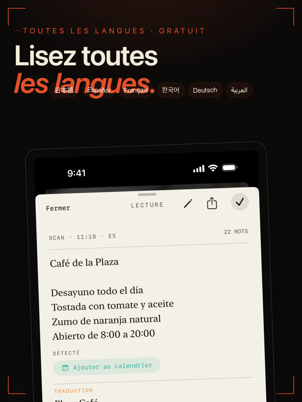 LiveScan sur iPad lit le menu d’un café espagnol, avec le japonais, l’espagnol, le français, le coréen, l’allemand et l’arabe parmi ses langues