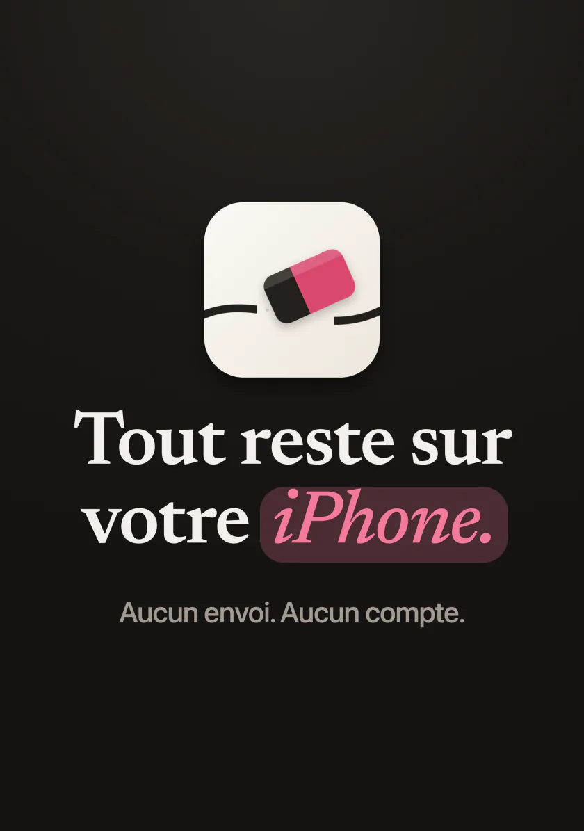 L’icône de Mend avec les mots : tout reste sur votre iPhone, aucun envoi, aucun compte