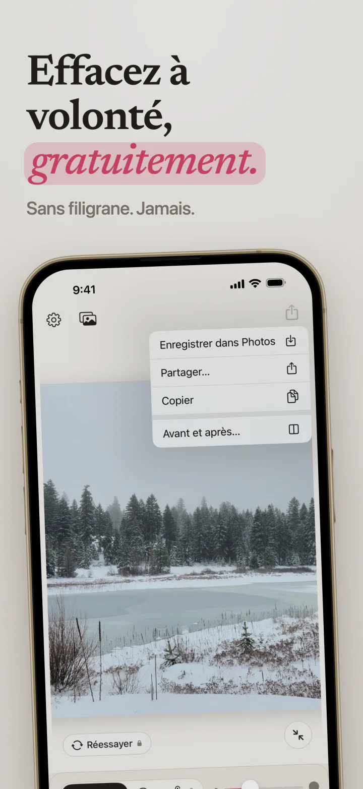 Mend sur iPhone avec un lac enneigé sans filigrane, et le menu Enregistrer dans Photos, Partager et Avant et après