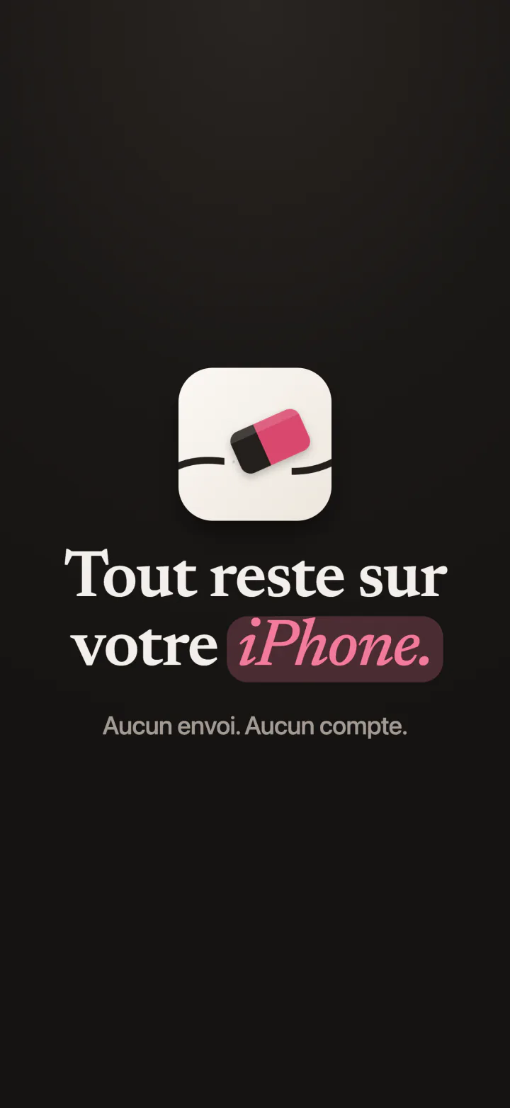 L’icône de Mend avec les mots : tout reste sur votre iPhone, aucun envoi, aucun compte