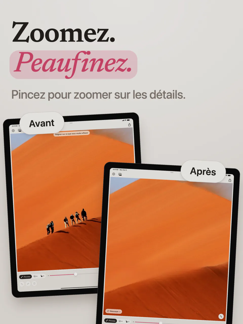 Une photo de randonneurs sur une dune orange, avant et après leur effacement par Mend sur iPad