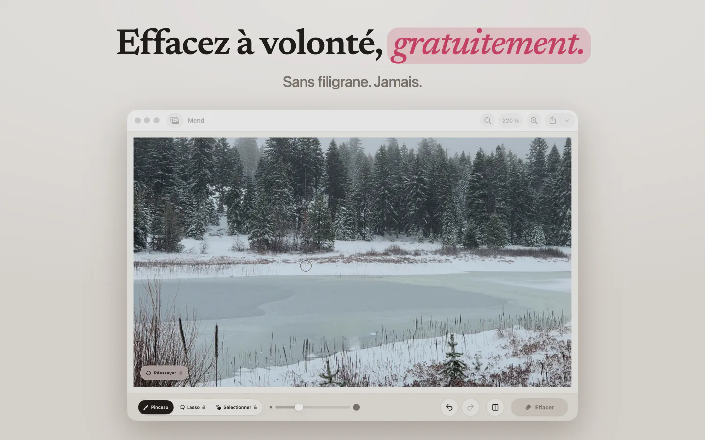 Mend sur Mac avec un lac enneigé, sans filigrane sur le résultat