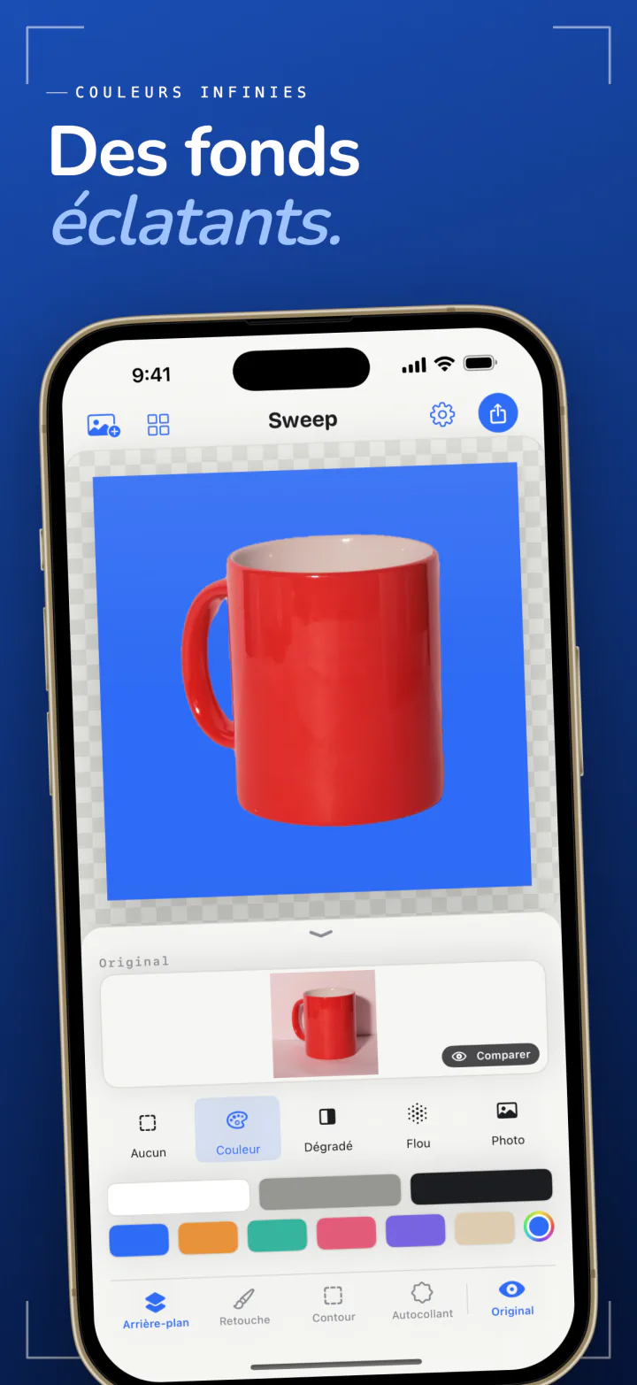 Sweep sur iPhone plaçant une tasse rouge sur un fond bleu uni, avec une rangée de pastilles de couleur