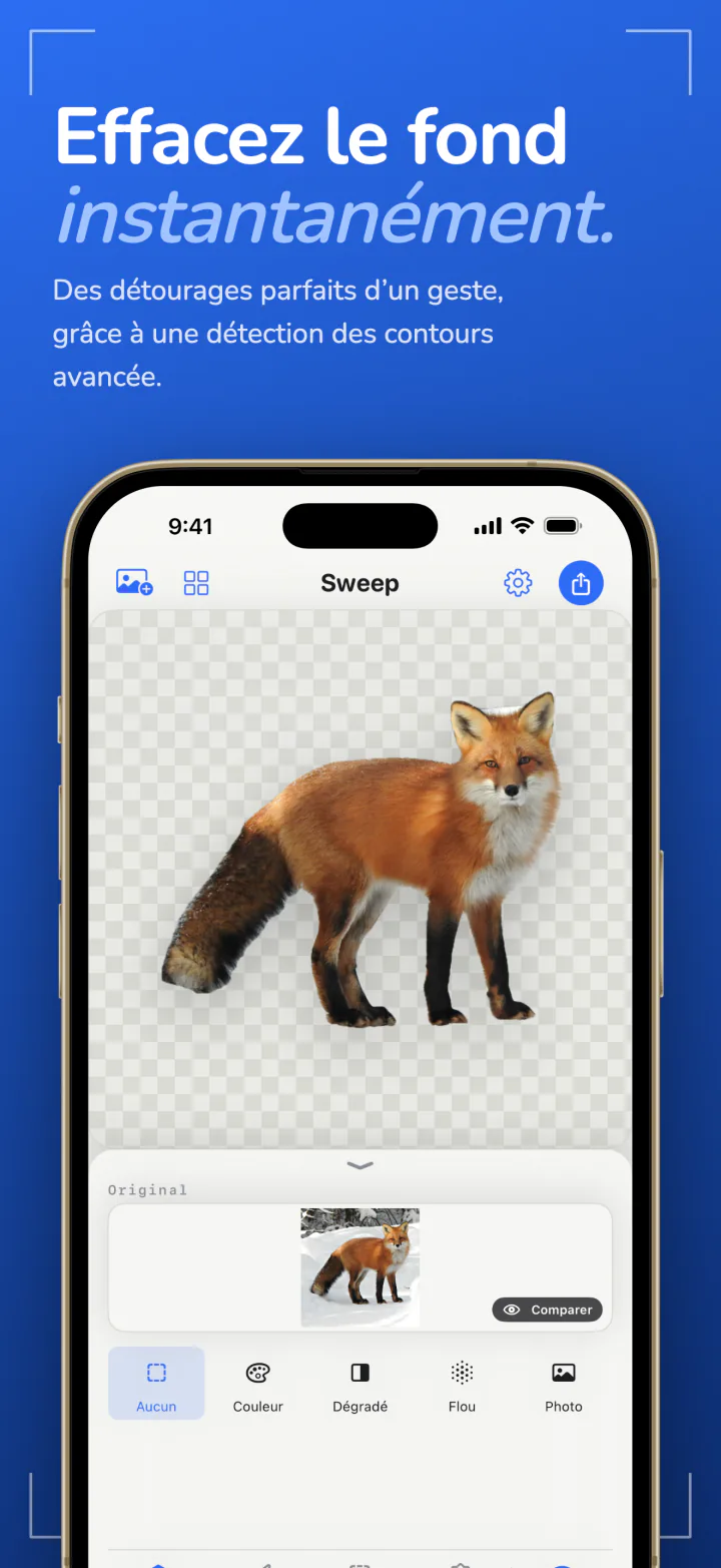 Sweep sur iPhone affichant un renard détouré de sa photo sur un fond transparent