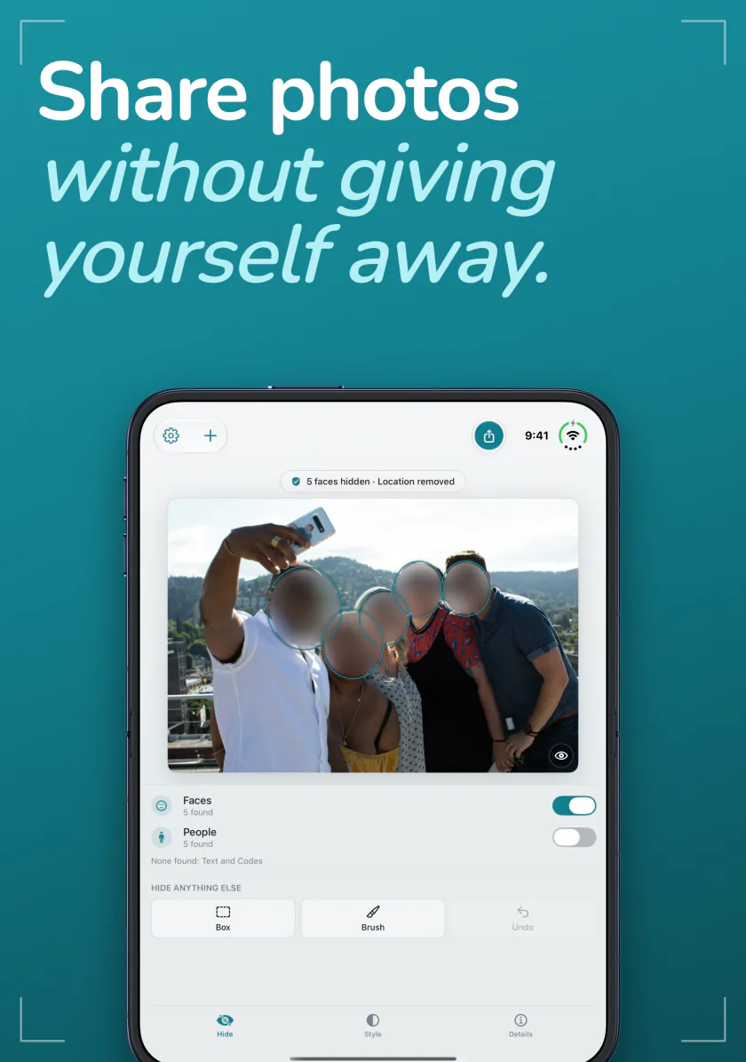 Frost on iPhone Duo with the faces in a group selfie blurred and the location removed
