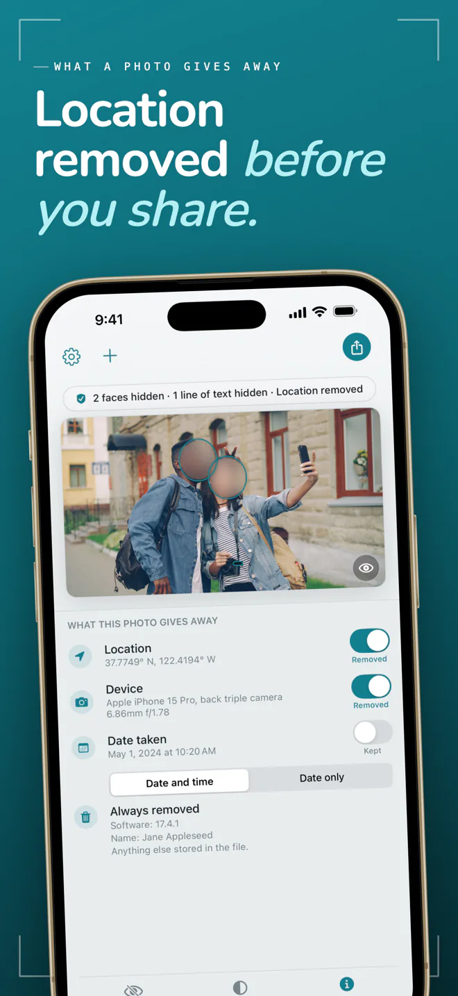 Frost Details panel listing the location, device, and date stored in a photo, with switches to remove each