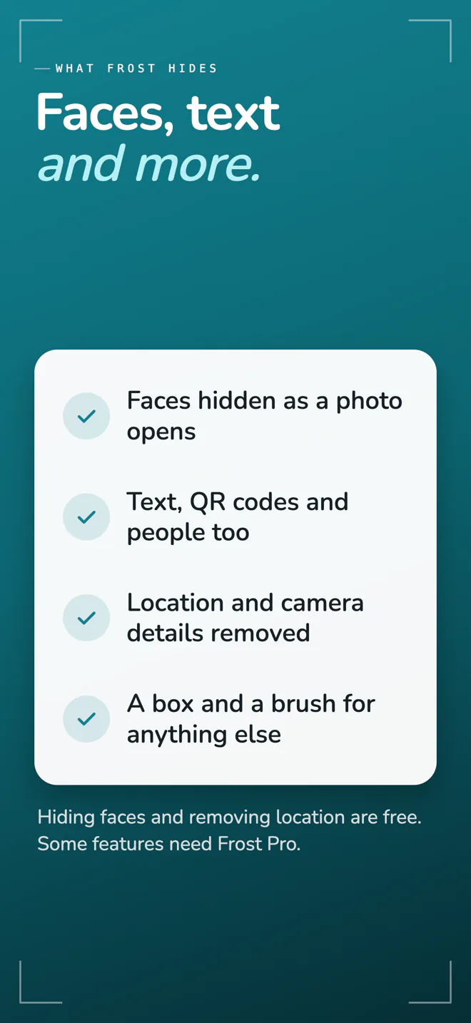 What Frost hides: faces as a photo opens, text, QR codes and people, location and camera details, with a box and a brush for anything else