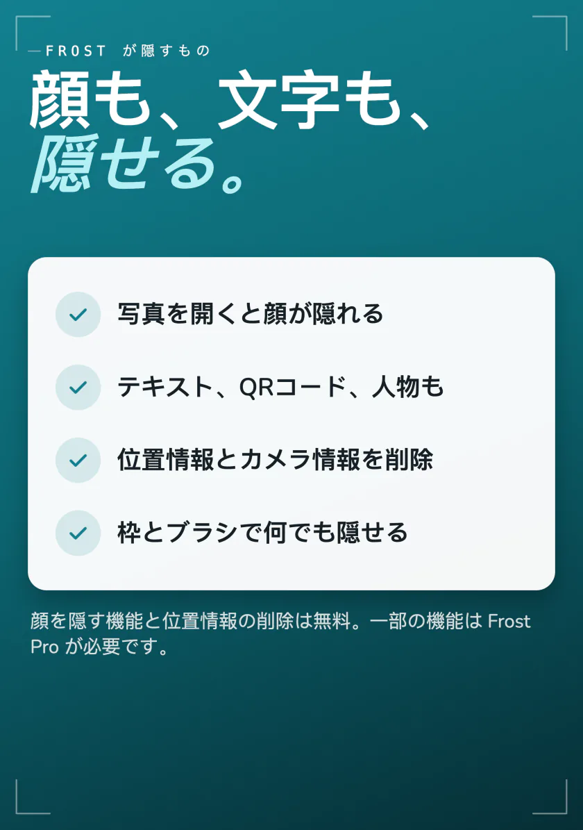 Frostが隠すもの:開いたときの顔、テキスト、QRコード、人物、位置情報とカメラの情報、そのほかのためのボックスとブラシ