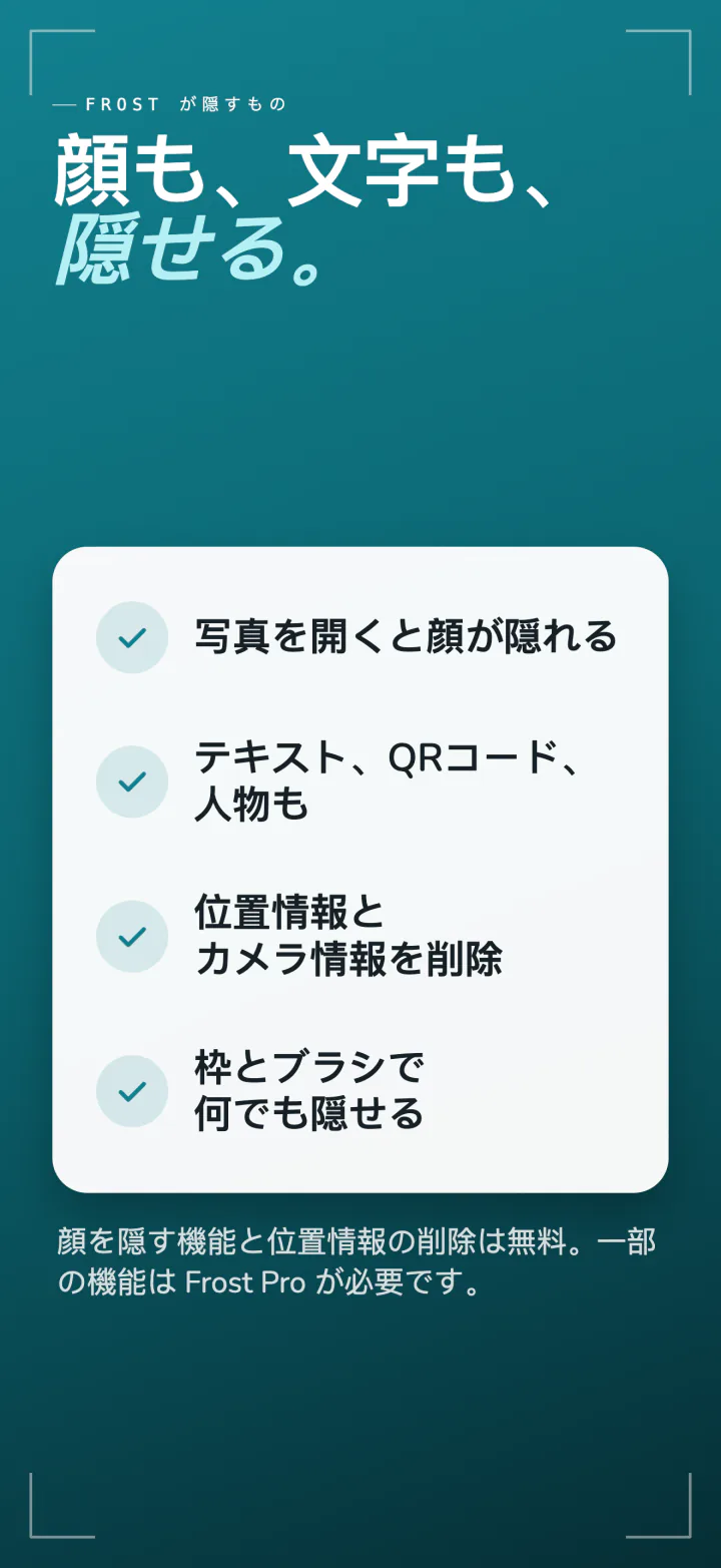 Frostが隠すもの:開いたときの顔、テキスト、QRコード、人物、位置情報とカメラの情報、そのほかのためのボックスとブラシ
