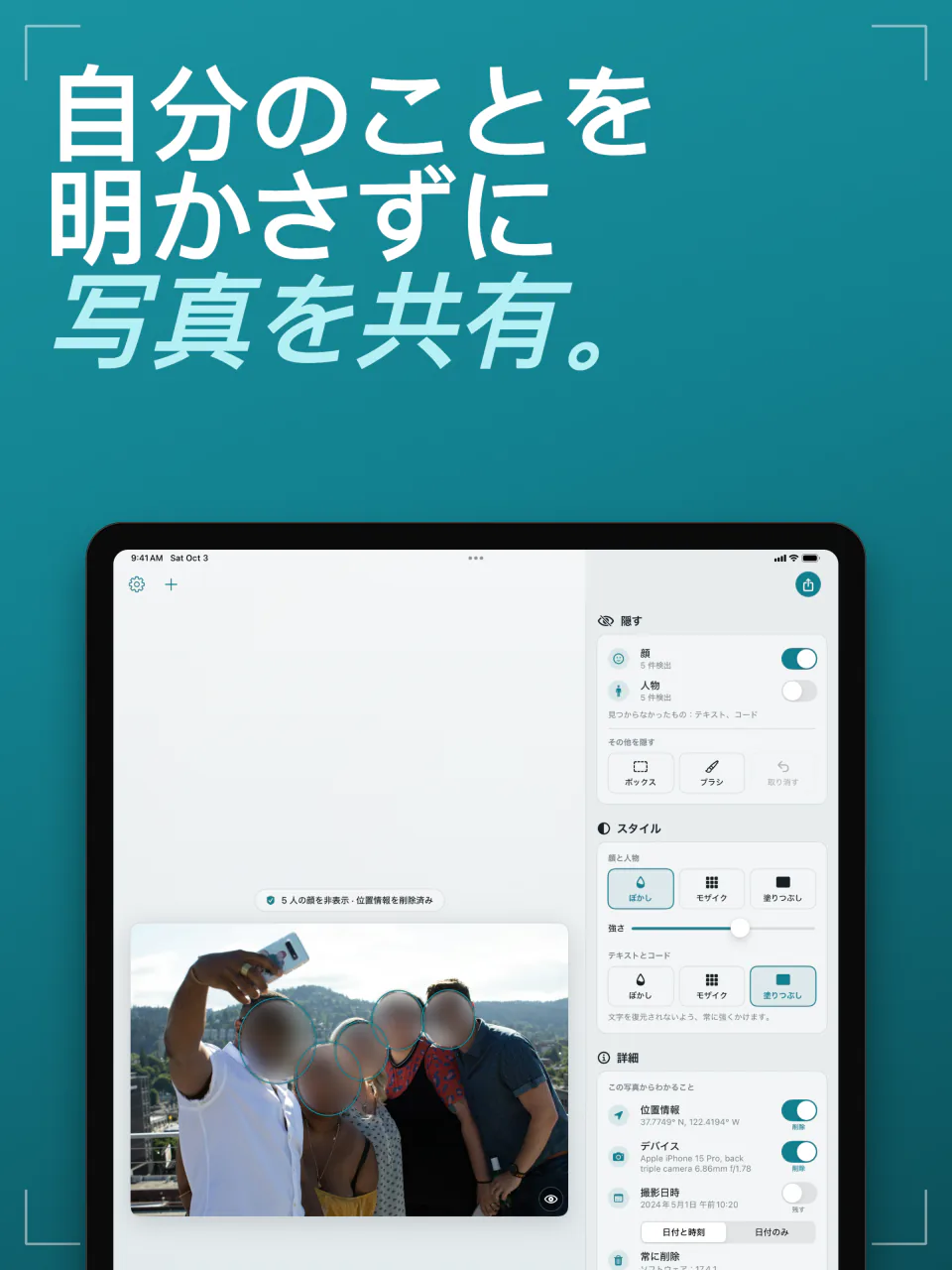 iPadのFrost:顔がぼかされたグループの自撮り写真と、隠す、スタイル、詳細のパネル
