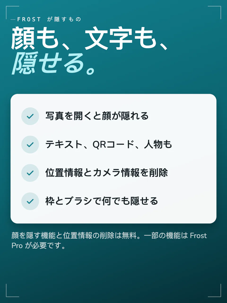 Frostが隠すもの:開いたときの顔、テキスト、QRコード、人物、位置情報とカメラの情報、そのほかのためのボックスとブラシ