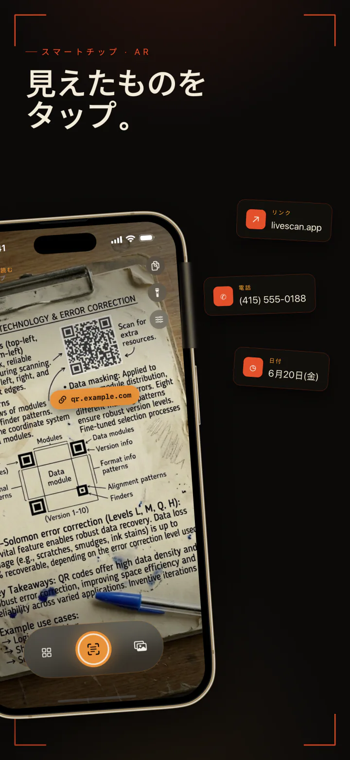 QRコードと印刷されたページを読み取るLiveScan。リンク、電話番号、日付のボタン付き
