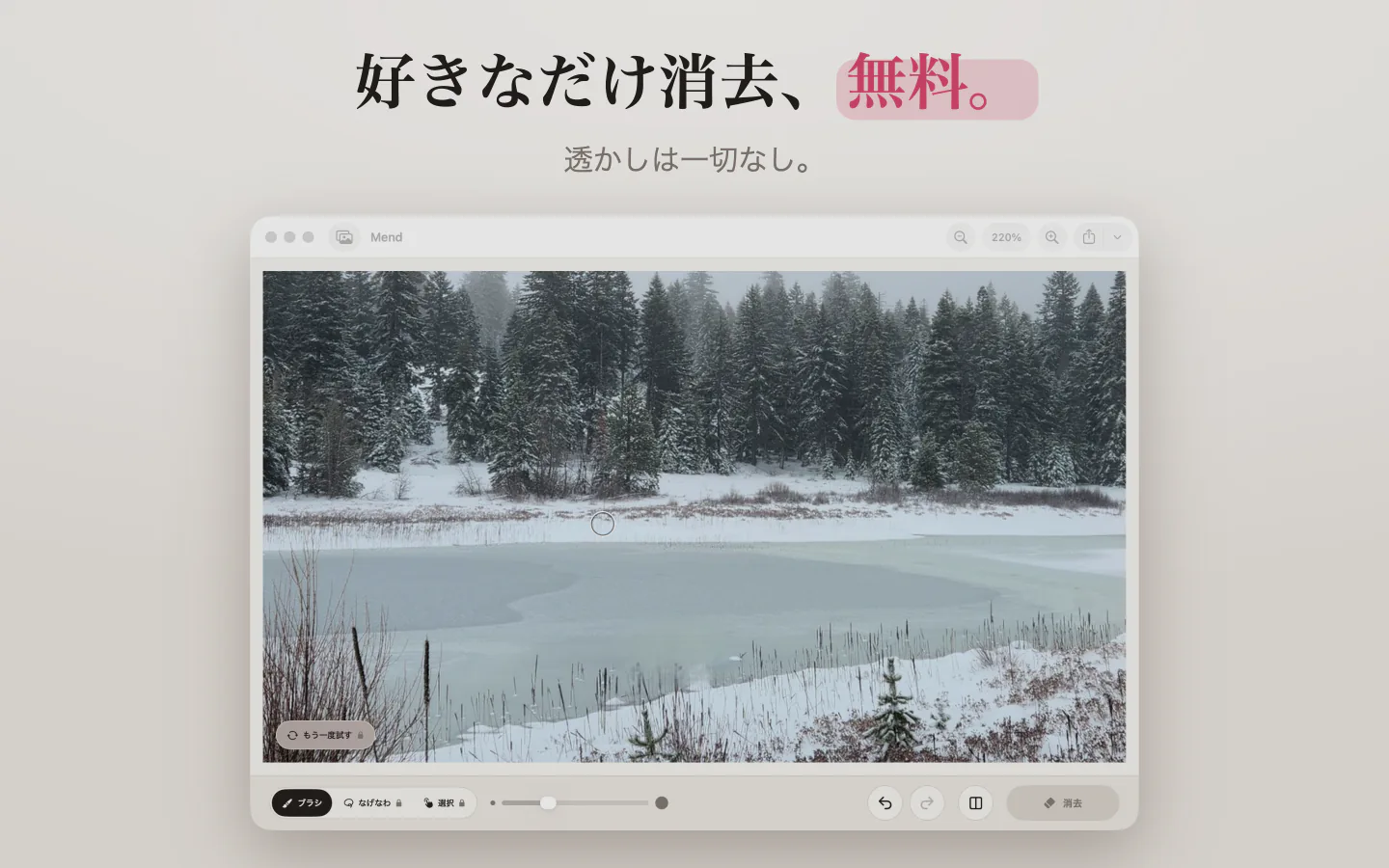 MacのMend:雪の湖の写真。仕上がりに透かしは入りません