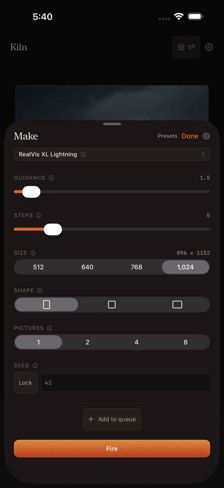 Kiln iPhone generation parameters, guidance, steps, and model selection