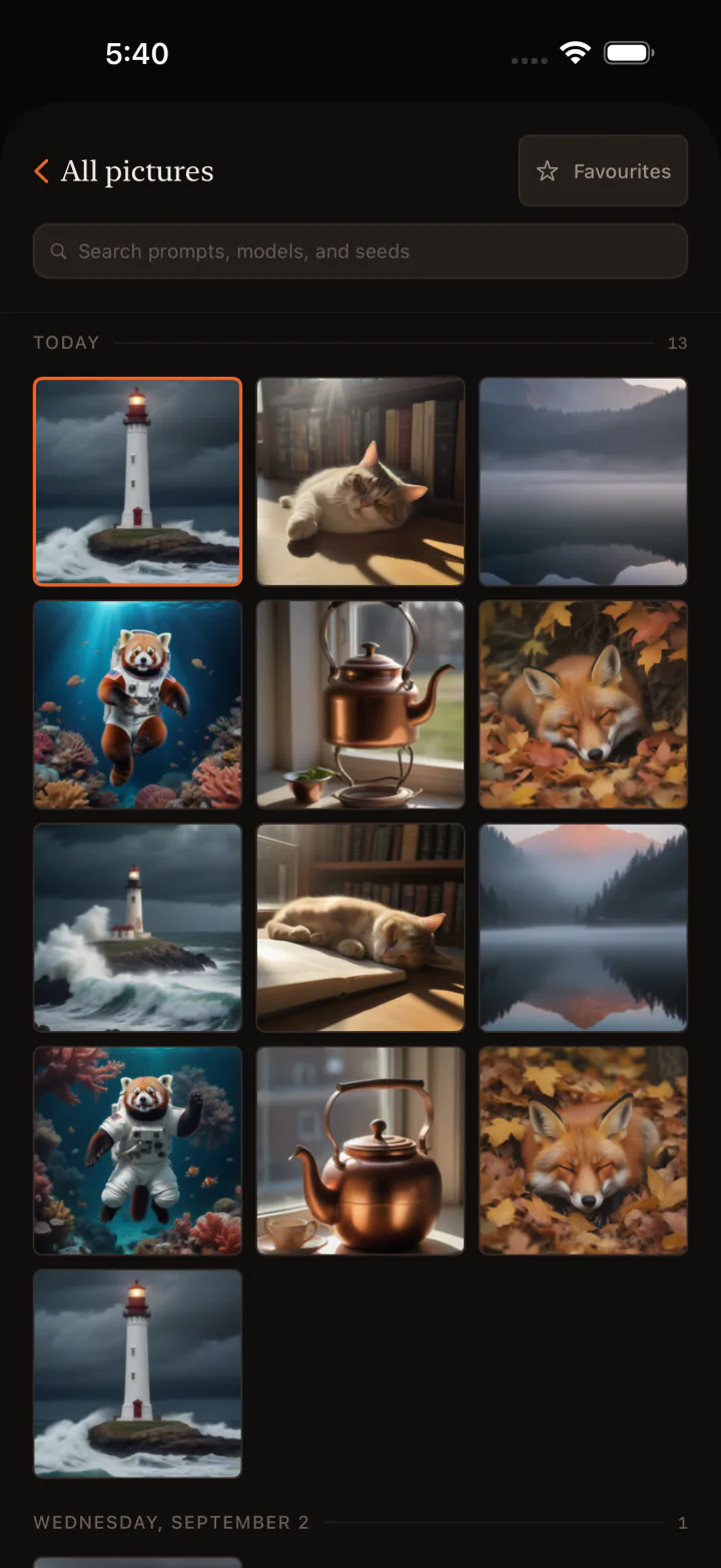 Kiln iPhone gallery of generated images stored on-device