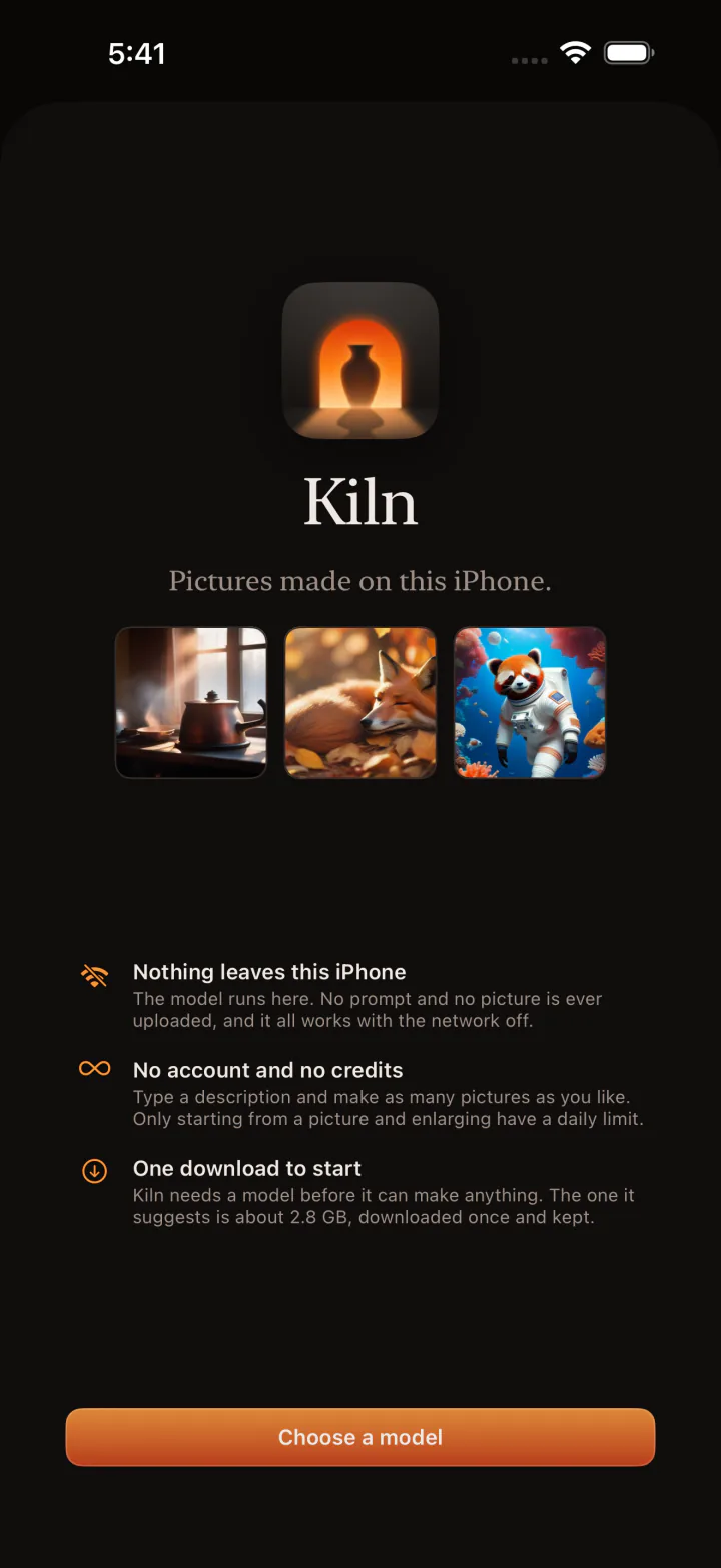 Kiln iPhone first-run offline setup and model onboarding