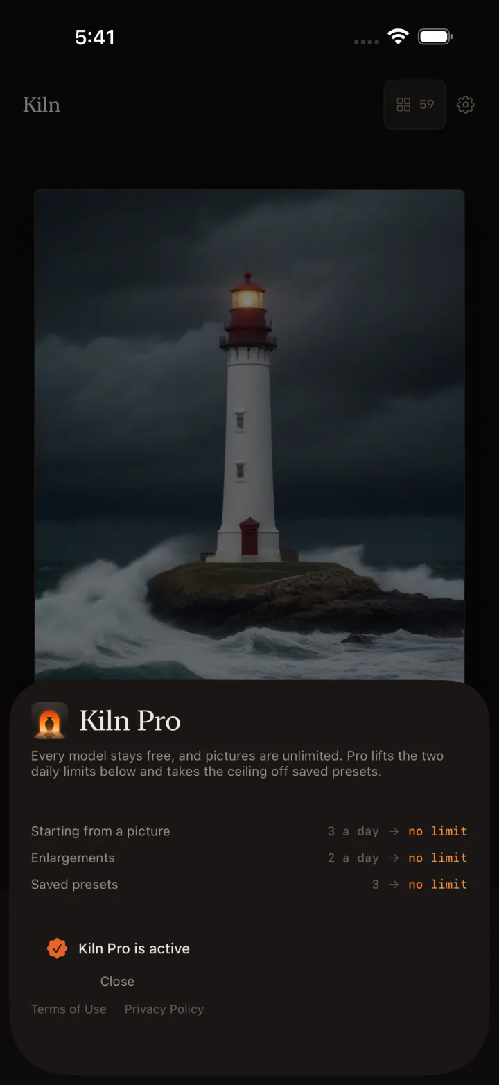 Kiln Pro upgrade options on iPhone for unlimited creations