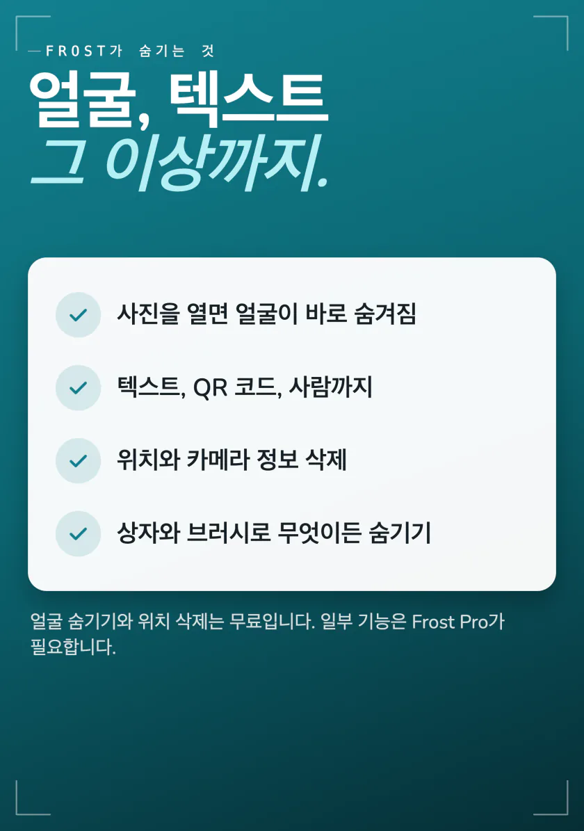 Frost가 숨기는 것: 열 때 바로 숨겨지는 얼굴, 텍스트, QR 코드와 사람, 위치와 카메라 정보, 그 밖의 것을 위한 상자와 브러시
