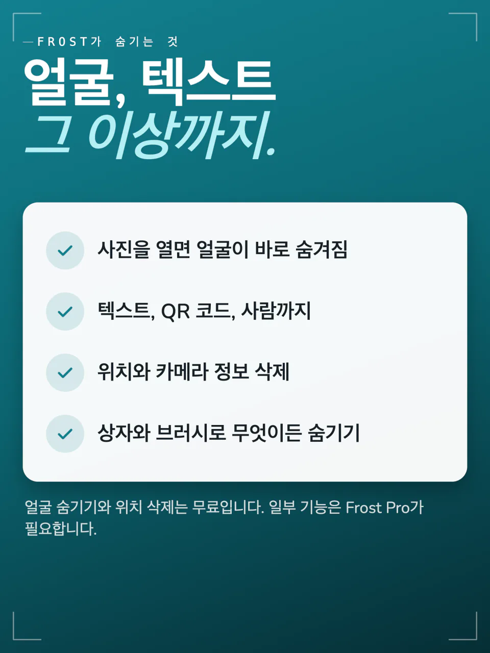 Frost가 숨기는 것: 열 때 바로 숨겨지는 얼굴, 텍스트, QR 코드와 사람, 위치와 카메라 정보, 그 밖의 것을 위한 상자와 브러시