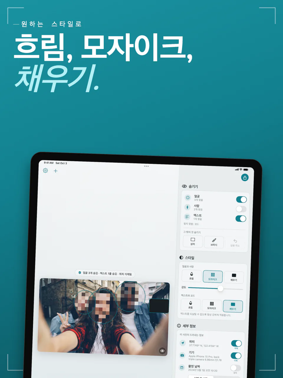iPad의 Frost: 셀카 속 얼굴에 모자이크를 적용한 모습과 흐림, 모자이크, 채우기 스타일