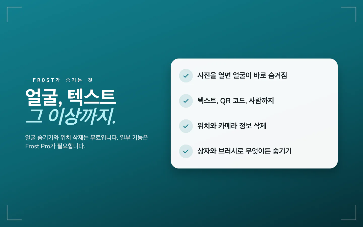 Frost가 숨기는 것: 열 때 바로 숨겨지는 얼굴, 텍스트, QR 코드와 사람, 위치와 카메라 정보, 그 밖의 것을 위한 상자와 브러시