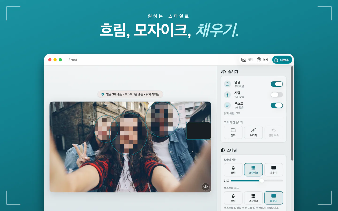Mac의 Frost: 사진 속 얼굴에 모자이크를 적용한 모습과 흐림, 모자이크, 채우기 스타일