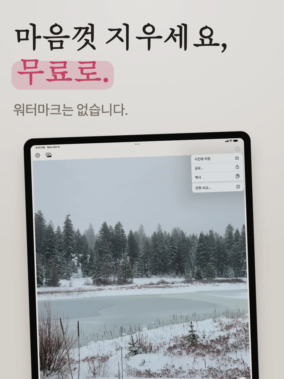 iPad의 Mend: 워터마크 없는 눈 덮인 호수 사진과 사진에 저장, 공유, 전후 비교 메뉴