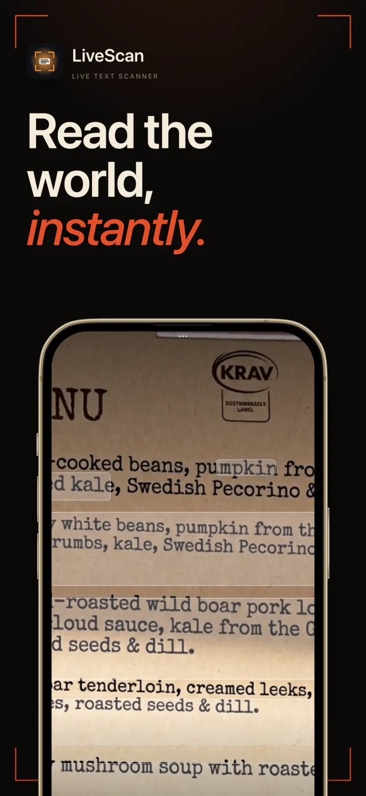 LiveScan on iPhone highlighting the text of a printed menu in the live viewfinder
