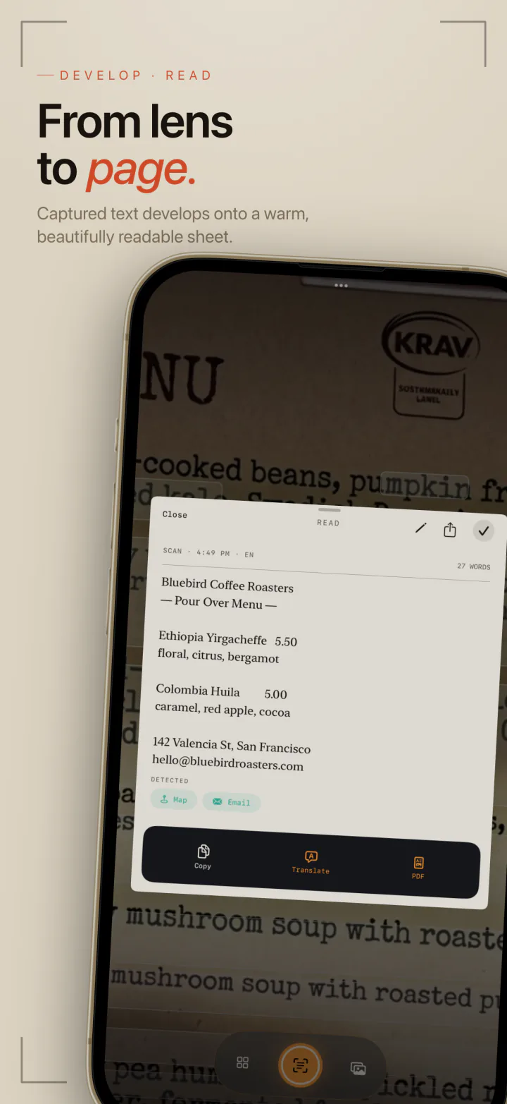 Text captured from a menu on LiveScan’s reading sheet, with Copy, Translate and PDF buttons