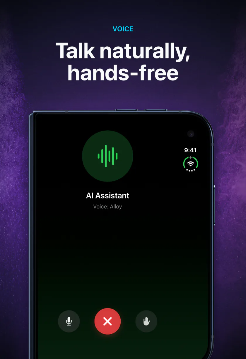 A hands-free voice conversation in LocalMind AI on the iPhone Duo outer screen