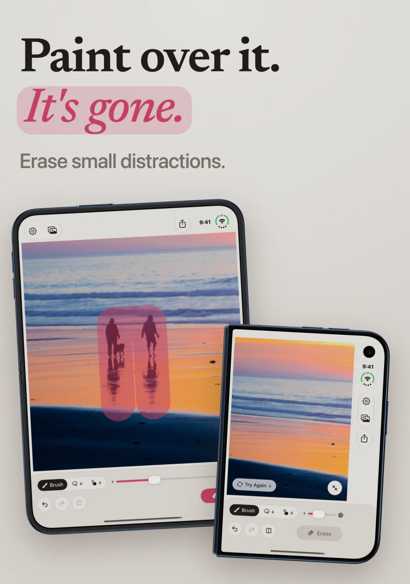 Mend on iPhone Duo erasing two people from a sunset beach
