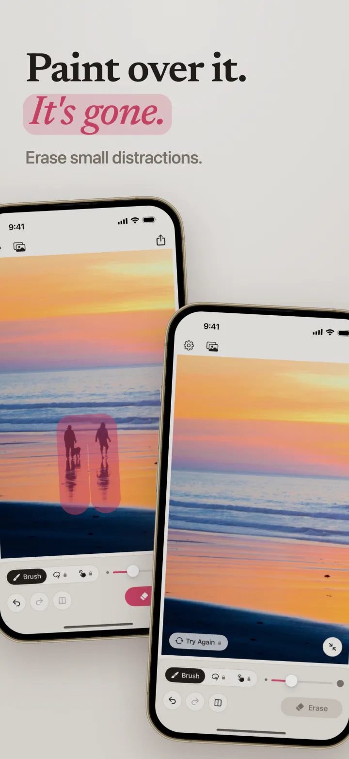 Mend on iPhone with two people on a beach painted over in pink, and the same beach with them erased