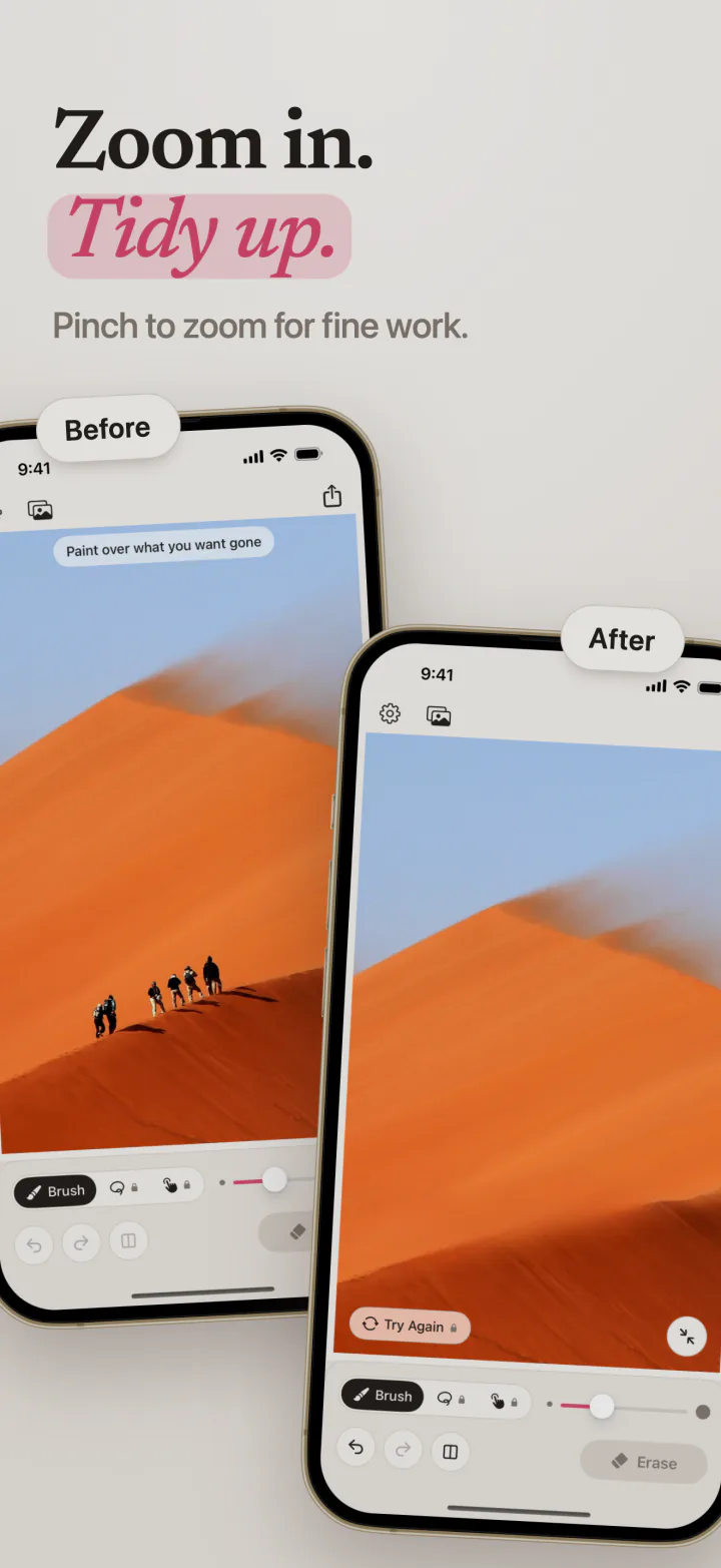 A photo of hikers on a sand dune before and after Mend erased them