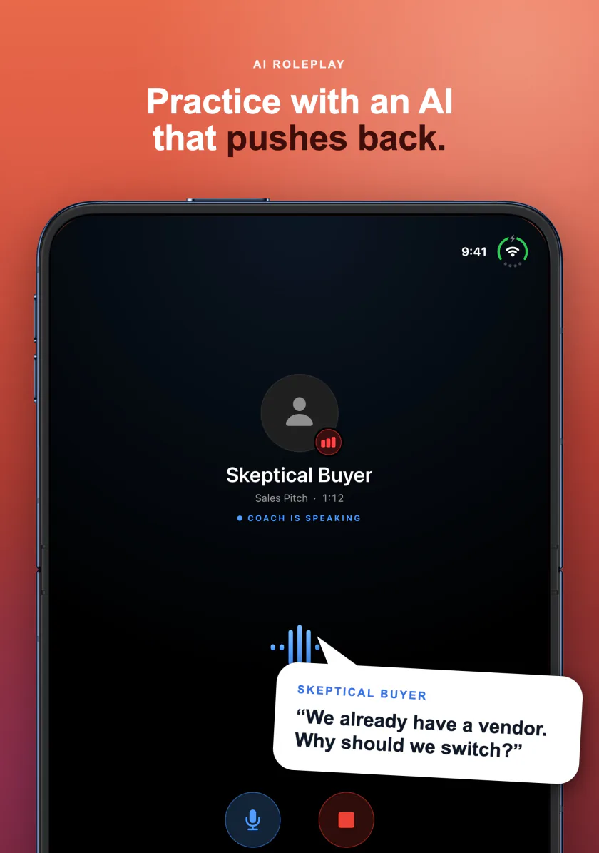 Practicing a sales pitch with an AI buyer in Poise on iPhone Duo