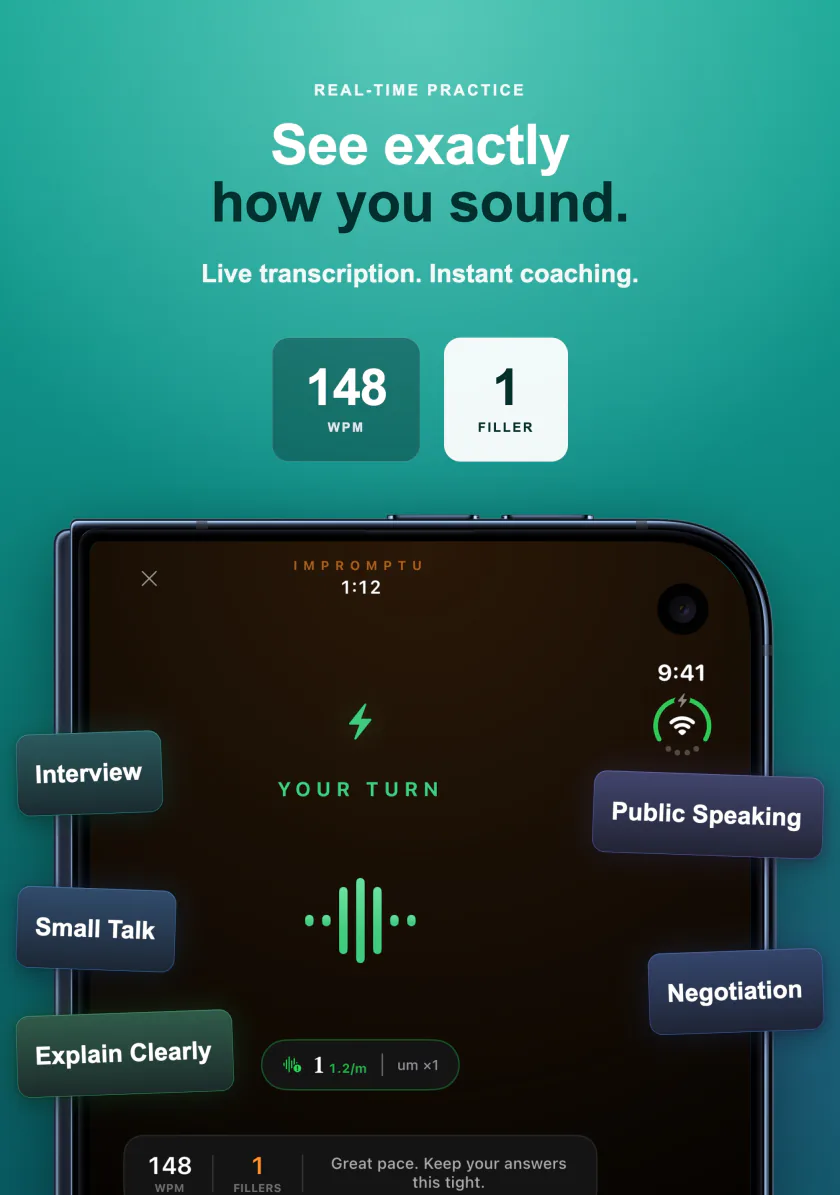 Live practice in Poise on iPhone Duo showing words per minute and filler words