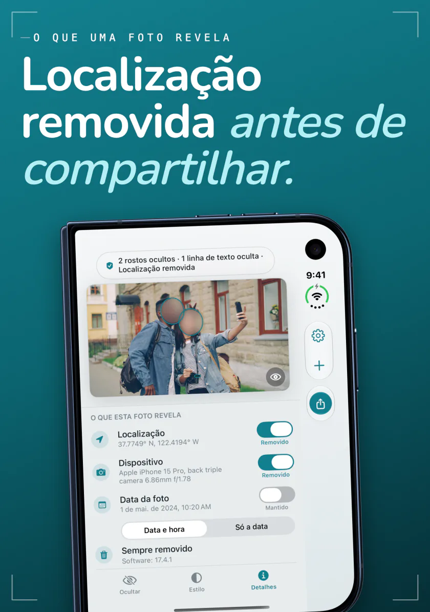 O Frost no iPhone Duo com a localização, o dispositivo e a data de uma foto, cada um com um botão para removê-lo
