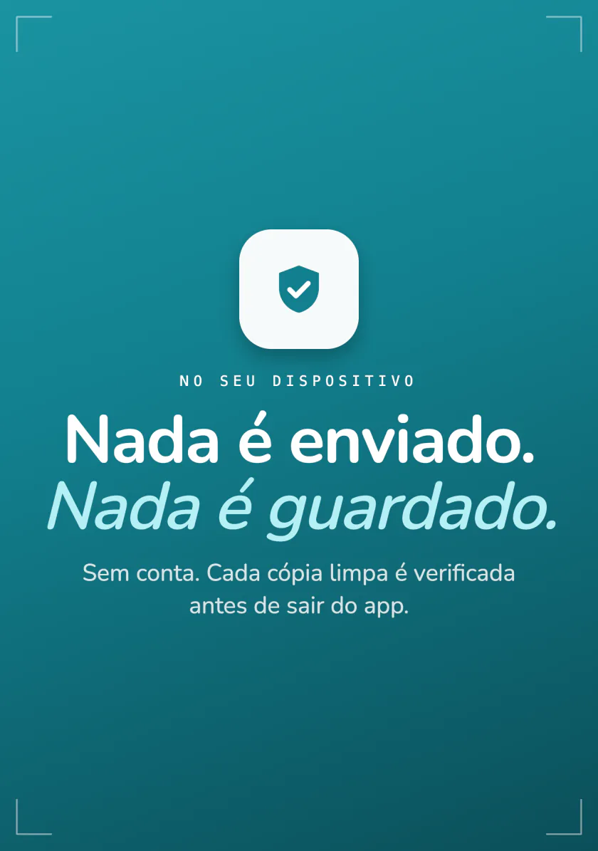 Resumo de privacidade do Frost: nada é enviado, nada é guardado, sem conta e cada cópia limpa é conferida