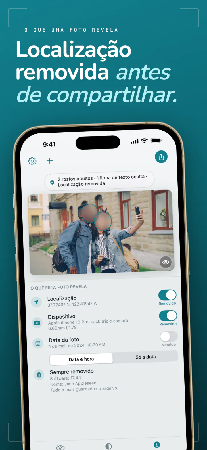 O Frost no iPhone com a localização, o dispositivo e a data de uma foto, cada um com um botão para removê-lo