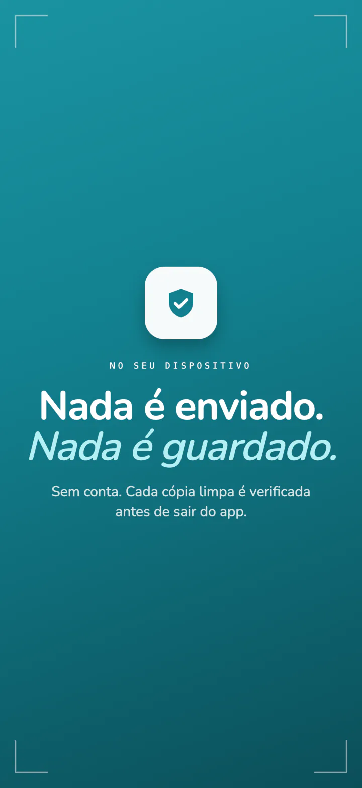Resumo de privacidade do Frost: nada é enviado, nada é guardado, sem conta e cada cópia limpa é conferida