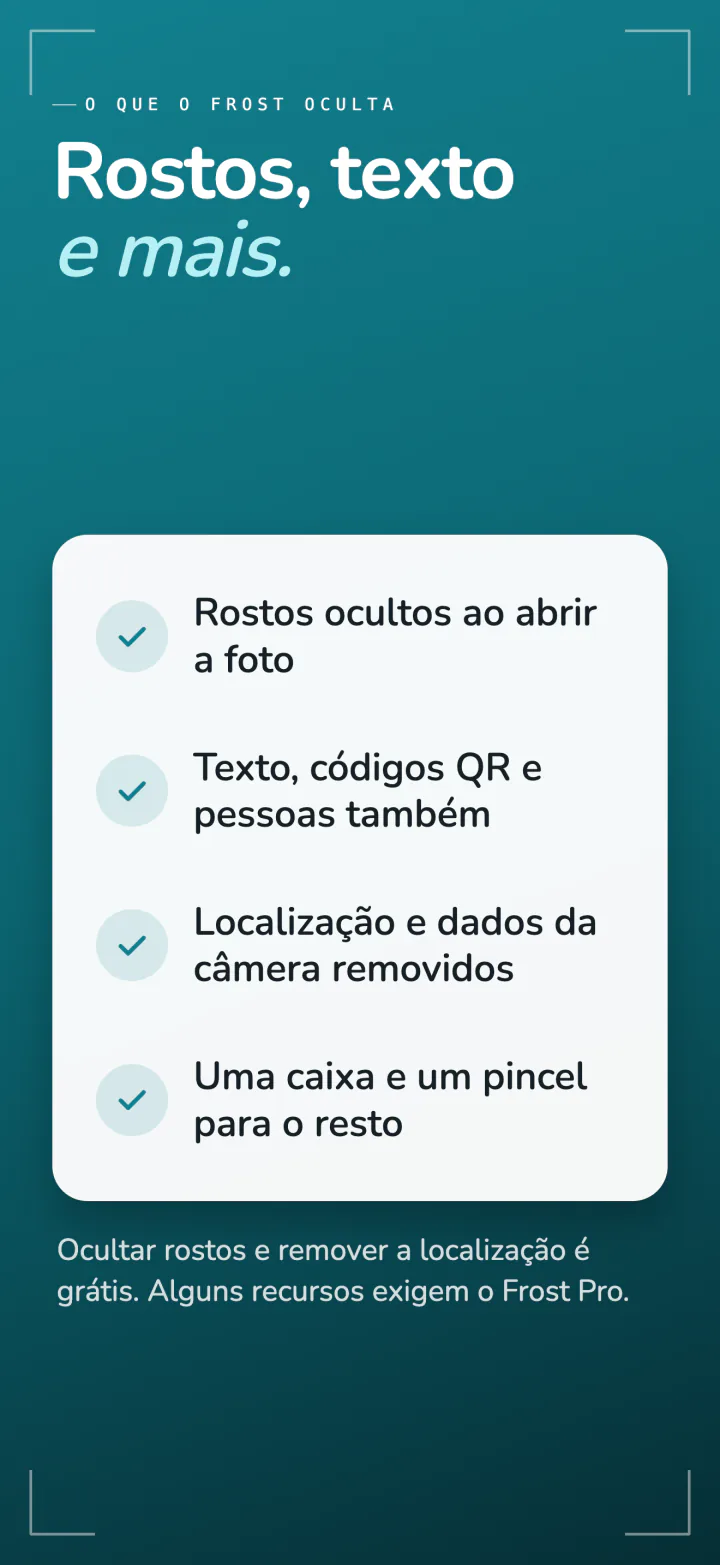 O que o Frost oculta: rostos ao abrir a foto, texto, QR codes e pessoas, localização e dados da câmera, com uma caixa e um pincel para todo o resto