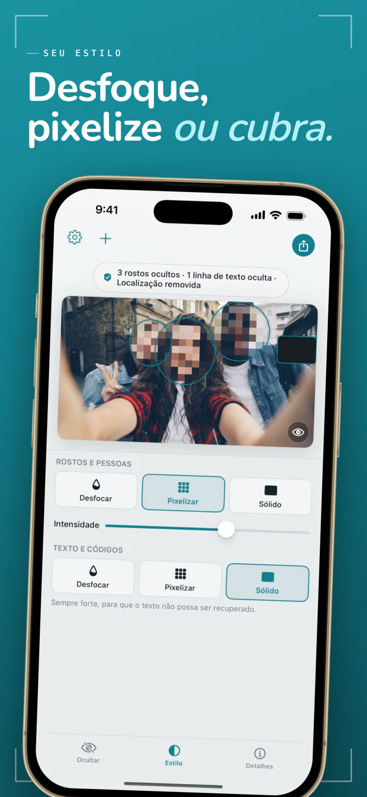 O Frost no iPhone com os estilos Desfocar, Pixelizar e Sólido para os rostos ocultos