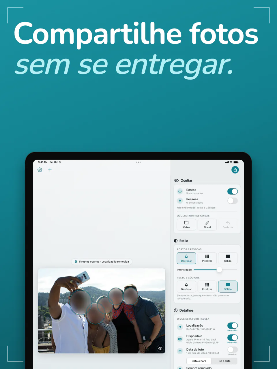 O Frost no iPad com uma selfie de grupo e os rostos desfocados, ao lado dos painéis Ocultar, Estilo e Detalhes