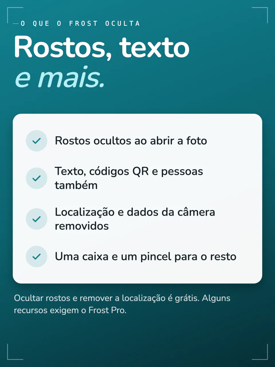 O que o Frost oculta: rostos ao abrir a foto, texto, QR codes e pessoas, localização e dados da câmera, com uma caixa e um pincel para todo o resto