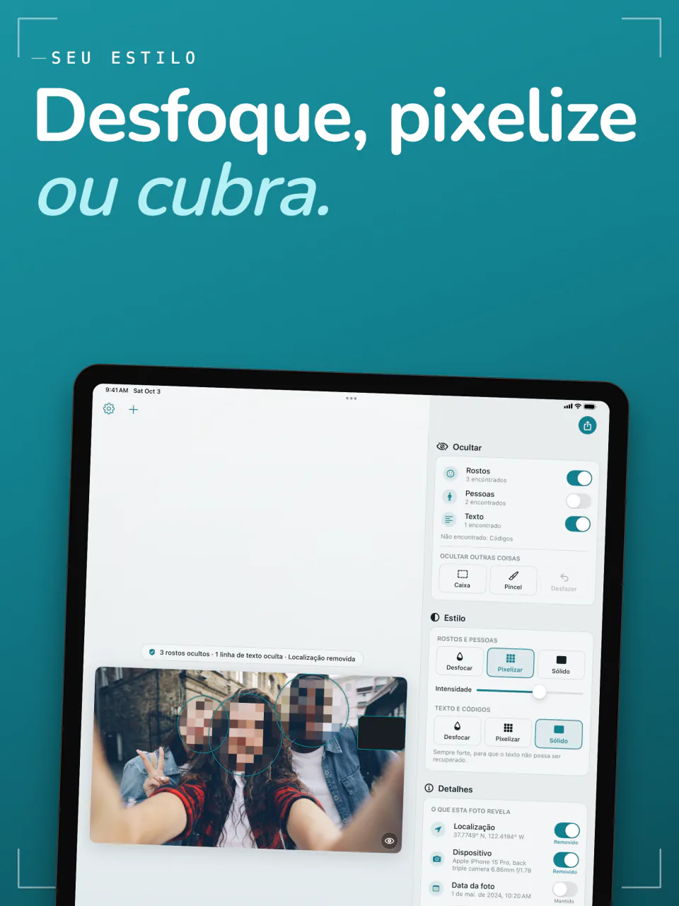 O Frost no iPad pixelizando os rostos de uma selfie, com os estilos Desfocar, Pixelizar e Sólido