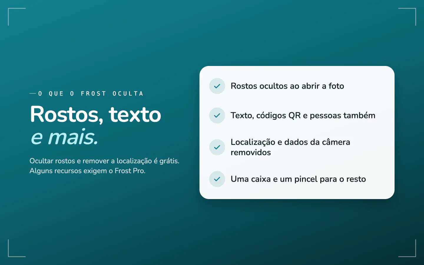 O que o Frost oculta: rostos ao abrir a foto, texto, QR codes e pessoas, localização e dados da câmera, com uma caixa e um pincel para todo o resto